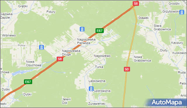 mapa Nagoszewo gmina Ostrów Mazowiecka, Nagoszewo gmina Ostrów Mazowiecka na mapie Targeo