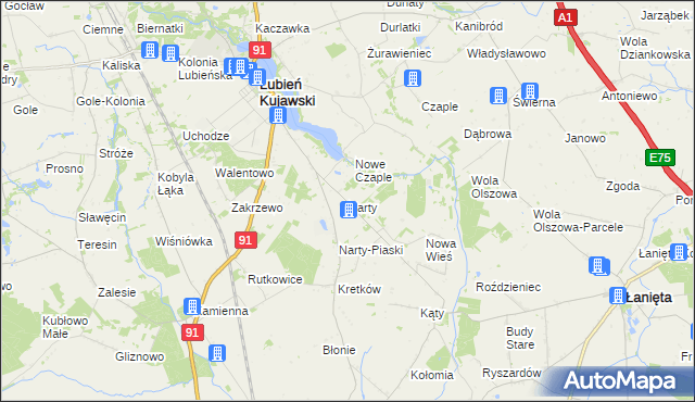 mapa Narty gmina Lubień Kujawski, Narty gmina Lubień Kujawski na mapie Targeo