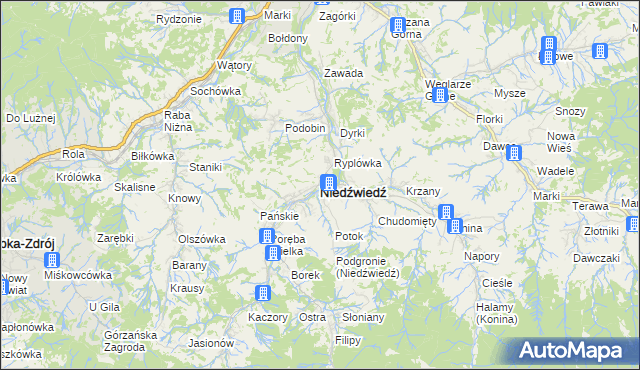 mapa Niedźwiedź powiat limanowski, Niedźwiedź powiat limanowski na mapie Targeo