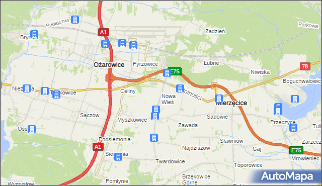 mapa Nowa Wieś gmina Mierzęcice, Nowa Wieś gmina Mierzęcice na mapie Targeo