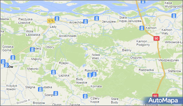 mapa Nowa Wieś gmina Młodzieszyn, Nowa Wieś gmina Młodzieszyn na mapie Targeo