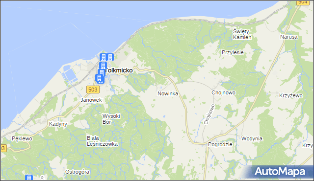 mapa Nowinka gmina Tolkmicko, Nowinka gmina Tolkmicko na mapie Targeo