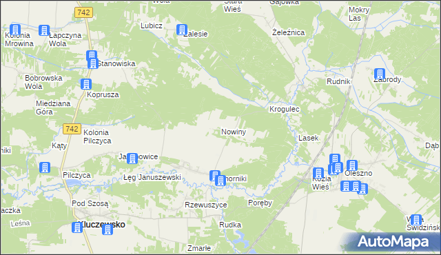 mapa Nowiny gmina Kluczewsko, Nowiny gmina Kluczewsko na mapie Targeo