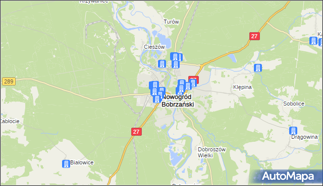 mapa Nowogród Bobrzański, Nowogród Bobrzański na mapie Targeo