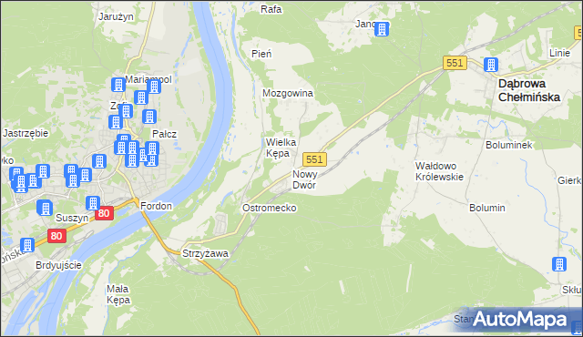 mapa Nowy Dwór gmina Dąbrowa Chełmińska, Nowy Dwór gmina Dąbrowa Chełmińska na mapie Targeo