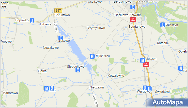 mapa Objezierze gmina Oborniki, Objezierze gmina Oborniki na mapie Targeo