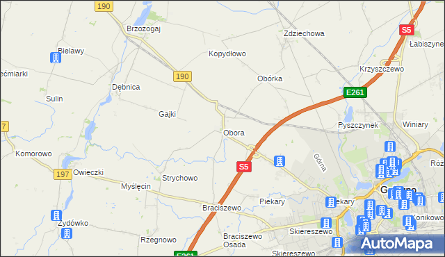 mapa Obora gmina Gniezno, Obora gmina Gniezno na mapie Targeo