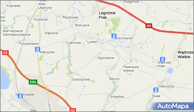 mapa Ogonowice gmina Legnickie Pole, Ogonowice gmina Legnickie Pole na mapie Targeo