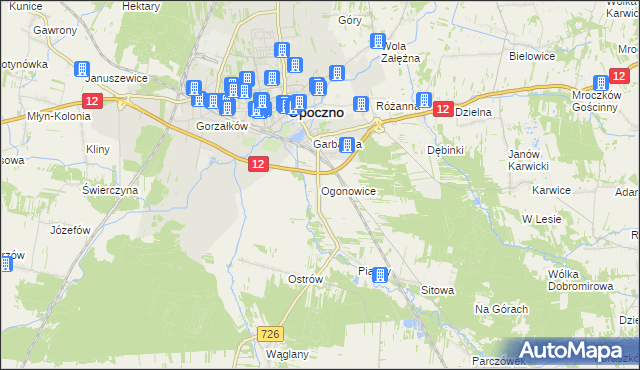 mapa Ogonowice gmina Opoczno, Ogonowice gmina Opoczno na mapie Targeo