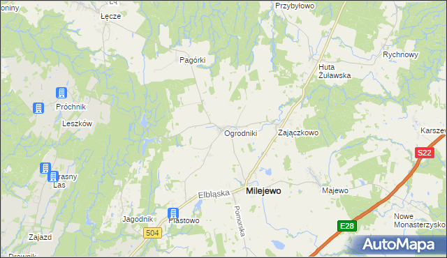 mapa Ogrodniki gmina Milejewo, Ogrodniki gmina Milejewo na mapie Targeo