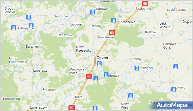 mapa Ojrzeń powiat ciechanowski, Ojrzeń powiat ciechanowski na mapie Targeo