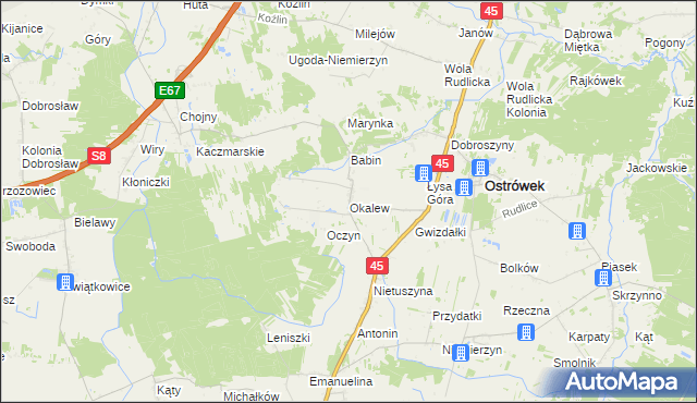 mapa Okalew gmina Ostrówek, Okalew gmina Ostrówek na mapie Targeo