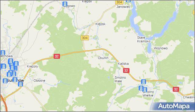 mapa Okunin gmina Sulechów, Okunin gmina Sulechów na mapie Targeo