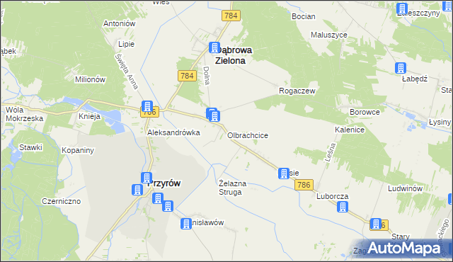 mapa Olbrachcice gmina Dąbrowa Zielona, Olbrachcice gmina Dąbrowa Zielona na mapie Targeo