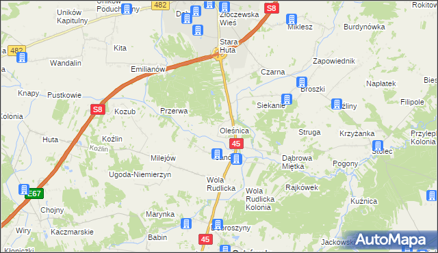 mapa Oleśnica gmina Ostrówek, Oleśnica gmina Ostrówek na mapie Targeo