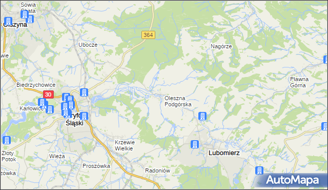 mapa Oleszna Podgórska, Oleszna Podgórska na mapie Targeo