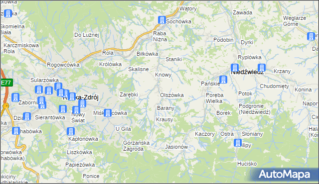 mapa Olszówka gmina Mszana Dolna, Olszówka gmina Mszana Dolna na mapie Targeo