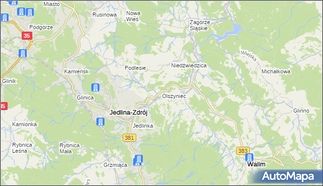 mapa Olszyniec gmina Walim, Olszyniec gmina Walim na mapie Targeo