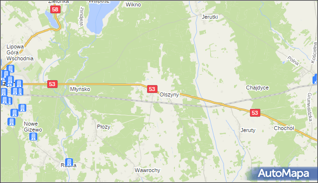 mapa Olszyny gmina Szczytno, Olszyny gmina Szczytno na mapie Targeo