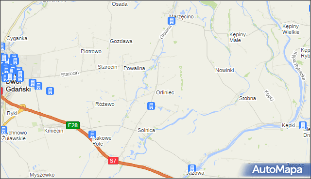 mapa Orliniec gmina Nowy Dwór Gdański, Orliniec gmina Nowy Dwór Gdański na mapie Targeo