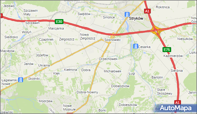 mapa Orzechówek gmina Stryków, Orzechówek gmina Stryków na mapie Targeo
