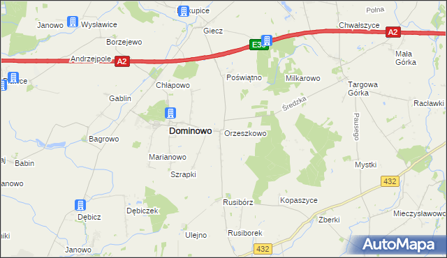 mapa Orzeszkowo gmina Dominowo, Orzeszkowo gmina Dominowo na mapie Targeo