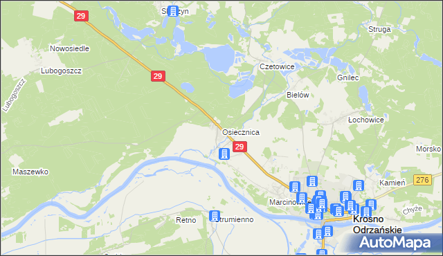 mapa Osiecznica gmina Krosno Odrzańskie, Osiecznica gmina Krosno Odrzańskie na mapie Targeo