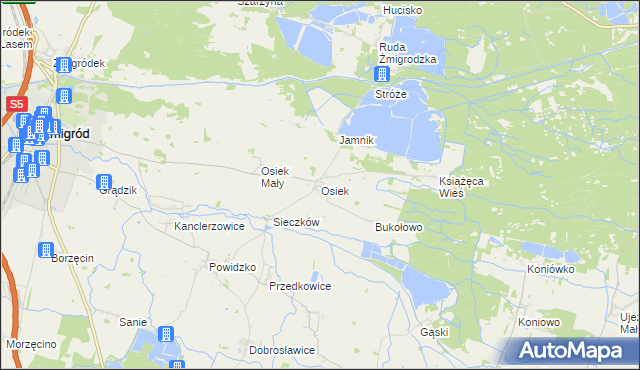 mapa Osiek gmina Żmigród, Osiek gmina Żmigród na mapie Targeo
