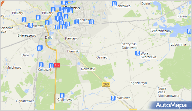 mapa Osiniec gmina Gniezno, Osiniec gmina Gniezno na mapie Targeo