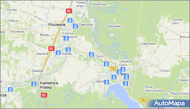 mapa Osiny gmina Kamienica Polska, Osiny gmina Kamienica Polska na mapie Targeo