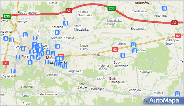 mapa Osiny gmina Mińsk Mazowiecki, Osiny gmina Mińsk Mazowiecki na mapie Targeo