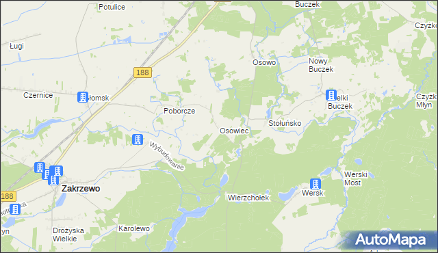 mapa Osowiec gmina Zakrzewo, Osowiec gmina Zakrzewo na mapie Targeo