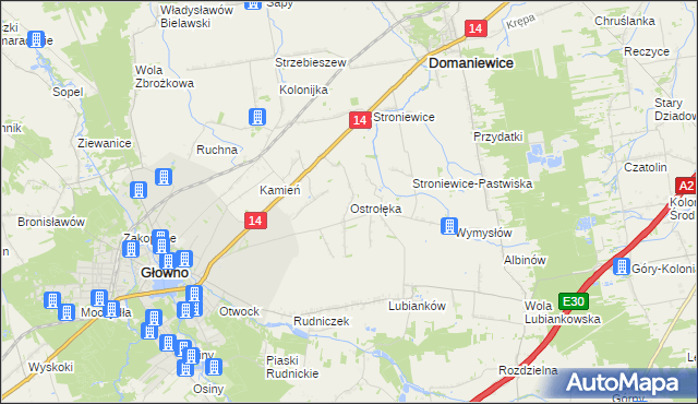 mapa Ostrołęka gmina Głowno, Ostrołęka gmina Głowno na mapie Targeo