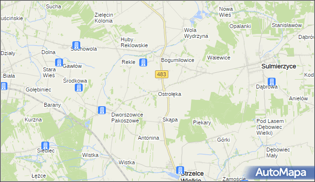 mapa Ostrołęka gmina Sulmierzyce, Ostrołęka gmina Sulmierzyce na mapie Targeo