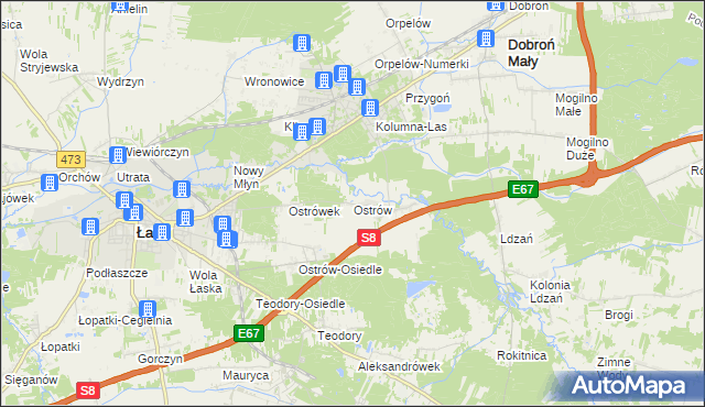 mapa Ostrów gmina Łask, Ostrów gmina Łask na mapie Targeo