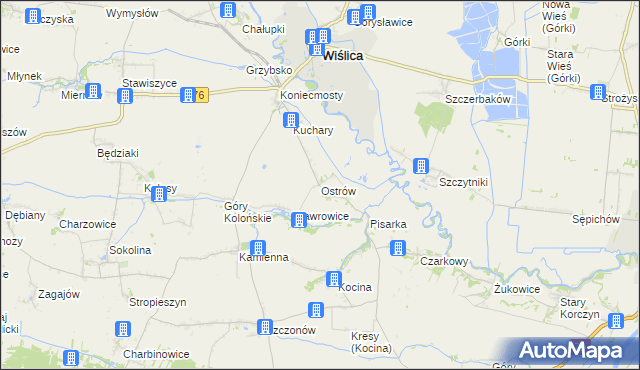 mapa Ostrów gmina Wiślica, Ostrów gmina Wiślica na mapie Targeo