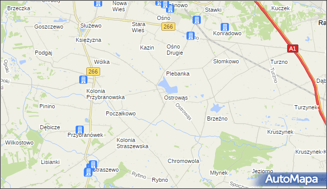 mapa Ostrowąs gmina Aleksandrów Kujawski, Ostrowąs gmina Aleksandrów Kujawski na mapie Targeo