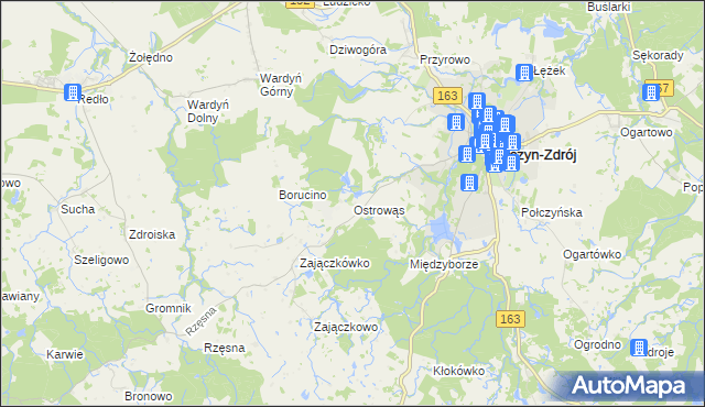 mapa Ostrowąs gmina Połczyn-Zdrój, Ostrowąs gmina Połczyn-Zdrój na mapie Targeo