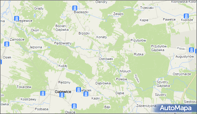 mapa Ostrówek gmina Galewice, Ostrówek gmina Galewice na mapie Targeo