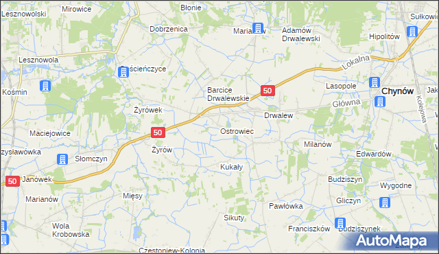 mapa Ostrowiec gmina Chynów, Ostrowiec gmina Chynów na mapie Targeo