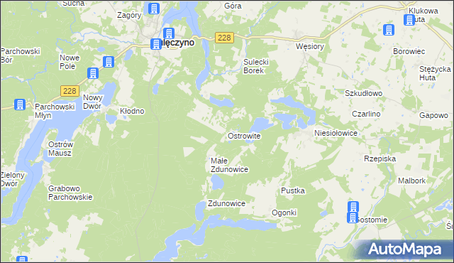 mapa Ostrowite gmina Sulęczyno, Ostrowite gmina Sulęczyno na mapie Targeo