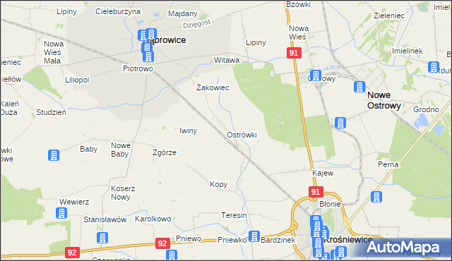 mapa Ostrówki gmina Dąbrowice, Ostrówki gmina Dąbrowice na mapie Targeo