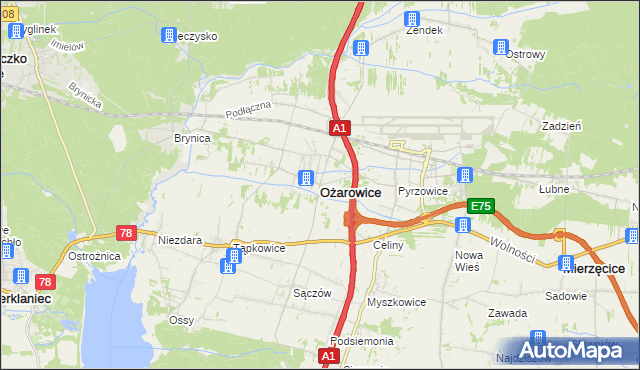 mapa Ożarowice, Ożarowice na mapie Targeo