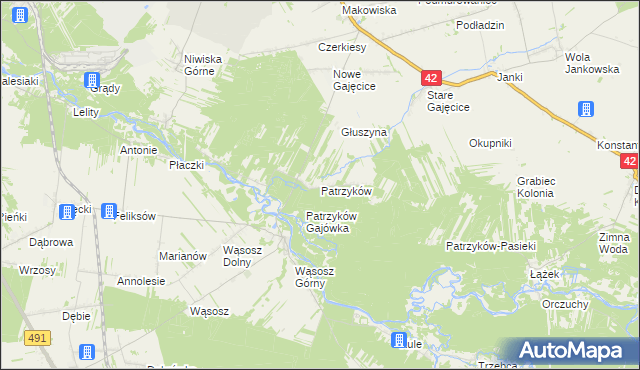 mapa Patrzyków gmina Pajęczno, Patrzyków gmina Pajęczno na mapie Targeo