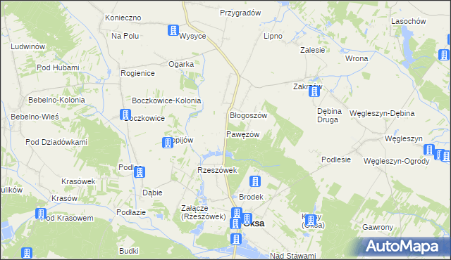 mapa Pawęzów gmina Oksa, Pawęzów gmina Oksa na mapie Targeo