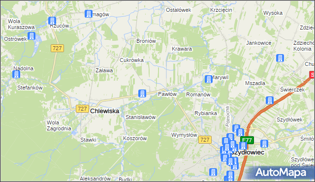 mapa Pawłów gmina Chlewiska, Pawłów gmina Chlewiska na mapie Targeo