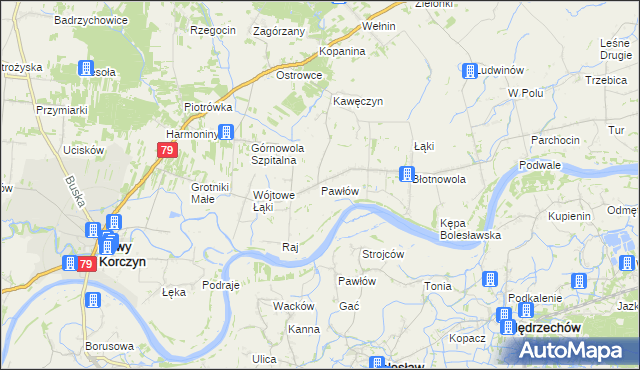 mapa Pawłów gmina Nowy Korczyn, Pawłów gmina Nowy Korczyn na mapie Targeo