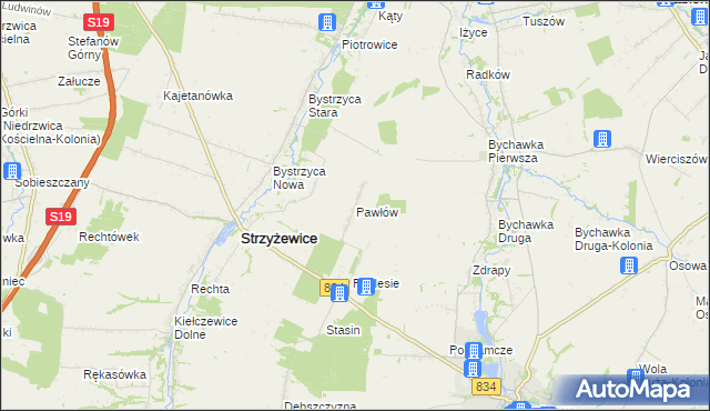 mapa Pawłów gmina Strzyżewice, Pawłów gmina Strzyżewice na mapie Targeo