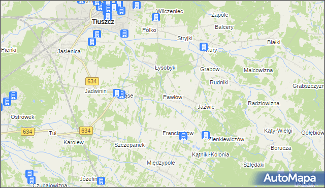 mapa Pawłów gmina Tłuszcz, Pawłów gmina Tłuszcz na mapie Targeo