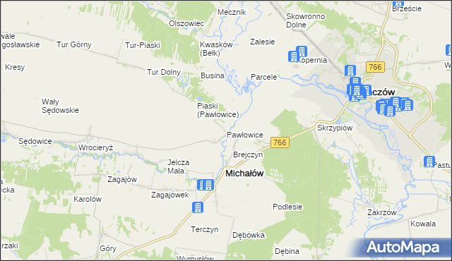 mapa Pawłowice gmina Michałów, Pawłowice gmina Michałów na mapie Targeo